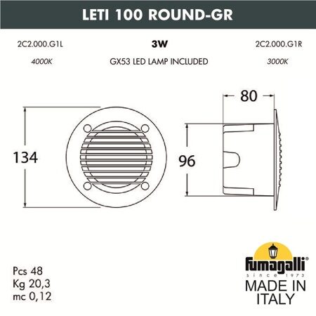 Светильник для подсветки лестниц встраиваемый Fumagalli LETI 100 Round-GR 2C2.000.000.AYG1L