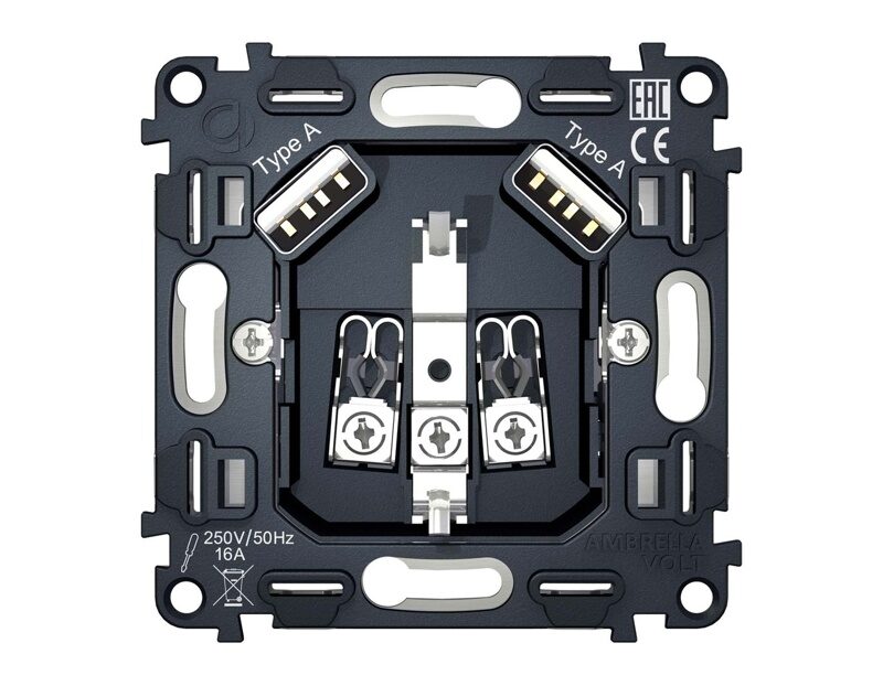 Механизм электрической розетки 2USB A+A 18W быстрая зарядка с заземлением на винтовых зажимах 16A 250V QUANT VM155 Ambrella Volt